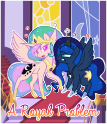 Size: 660x768 | Tagged: safe, artist:esmeia, princess celestia, princess luna, alicorn, pony, a royal problem, g4, cross-popping veins, duo, female, hoof shoes, jewelry, mare, peytral, pinklestia, raised hoof, siblings, sisters, story included, swapped cutie marks, tiara, title card