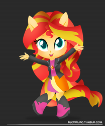 Size: 790x946 | Tagged: safe, artist:egophiliac, part of a set, sunset shimmer, equestria girls, g4, chibi, cute, female, looking at you, part of a series, ponied up, shimmerbetes, smiling, solo