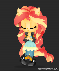 Size: 790x946 | Tagged: safe, artist:egophiliac, part of a set, sunset shimmer, equestria girls, g4, chibi, cute, eyes closed, female, part of a series, ponied up, shimmerbetes, smiling, solo