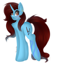 Size: 2300x2527 | Tagged: safe, artist:bambudess, artist:tehgamingcherryyt, oc, oc only, oc:dess, pony, unicorn, blue, brown eyes, brown mane, chest fluff, collaboration, ear piercing, earring, female, high res, jewelry, mare, piercing, smiling, solo