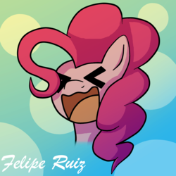 Size: 1600x1600 | Tagged: safe, artist:redcurruption, pinkie pie, pony, g4, ><, abstract background, bust, eyes closed, female, happy, mare, open mouth, portrait, solo, x3, xd