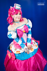 Size: 1024x1536 | Tagged: safe, artist:quetos, pinkie pie, human, g4, candy, clothes, cosplay, costume, dignified wear, dress, food, gala dress, irl, irl human, lollipop, photo, solo
