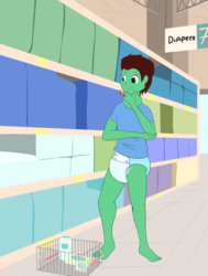 Size: 2317x3071 | Tagged: safe, artist:ozzybear, oc, oc only, oc:northern haste, equestria girls, g4, abdl, baby powder, baby wipes, barefoot, basket, bottomless, clothes, diaper, equestria girls-ified, feet, high res, non-baby in diaper, pacifier, poofy diaper, shopping, solo