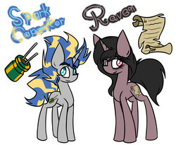 Size: 2200x1800 | Tagged: safe, artist:nekro-led, oc, oc only, oc:raven, oc:spark capacitor, pony, unicorn, bags under eyes, capacitor, couple, cutie mark, parent, scroll, size difference
