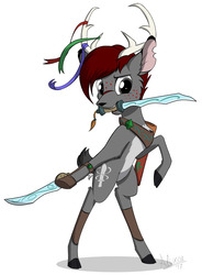 Size: 1132x1534 | Tagged: safe, artist:sirzi, oc, oc only, oc:taped blade, deer, fordeer, original species, bipedal, deer oc, freckles, mouth hold, ribbon, scar, solo, sword, weapon