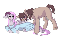 Size: 1600x960 | Tagged: safe, artist:shiroclaws, oc, oc only, oc:beryl (discoshy), oc:iron granite, hybrid, blushing, clothes, couple, cute, dress, female, husband and wife, interspecies offspring, iryl, male, multiple pregnancy, oc x oc, offspring, offspring shipping, on side, parent:big macintosh, parent:discord, parent:fluttershy, parent:marble pie, parents:discoshy, parents:marblemac, pregnant, shipping, straight