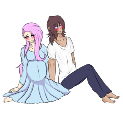 Size: 1600x1600 | Tagged: safe, artist:shiroclaws, oc, oc only, oc:beryl (discoshy), oc:iron granite, human, hybrid, equestria girls, g4, blushing, clothes, couple, dress, equestria girls-ified, female, humanized, husband and wife, interspecies offspring, iryl, male, multiple pregnancy, offspring, offspring shipping, parent:big macintosh, parent:discord, parent:fluttershy, parent:marble pie, parents:discoshy, parents:marblemac, pregnant, shipping, sitting, straight