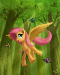 Size: 3120x3900 | Tagged: safe, artist:emeraldgalaxy, fluttershy, butterfly, pegasus, pony, g4, female, flying, forest, high res, mare, open mouth, solo, spread wings, tree, wings