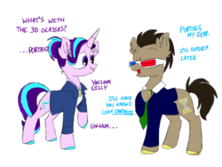 Size: 1066x800 | Tagged: safe, artist:doodletheexpoodle, doctor whooves, starlight glimmer, time turner, earth pony, pony, unicorn, g4, 3d glasses, alternate hairstyle, clothes, dialogue, doctor who, duo, the doctor