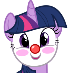 Size: 445x476 | Tagged: safe, artist:trini-mite, edit, twilight sparkle, pony, unicorn, g4, clown, clown makeup, clown nose, cute, female, horn, looking at you, makeup, mare, red nose, simple background, smiling, solo, transparent background, twiabetes, vector