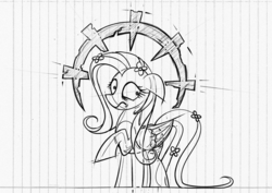 Size: 800x566 | Tagged: safe, artist:rambopvp, fluttershy, pony, g4, black and white, darkest dungeon, female, grayscale, lined paper, monochrome, parody, solo, stress, traditional art