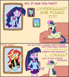 Size: 1103x1219 | Tagged: safe, artist:hellarmy, bon bon, lyra heartstrings, sunset shimmer, sweetie drops, twilight sparkle, earth pony, pony, equestria girls, g4, comic, female, magic mirror, mare, ms paint, wip