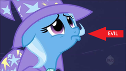 Size: 1280x718 | Tagged: safe, edit, edited screencap, screencap, trixie, pony, unicorn, g4, evil, female, hub logo, op is a duck, op is trying to start shit, sad, solo, truth