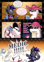 Size: 800x1131 | Tagged: safe, artist:vavacung, oc, bat pony, pony, comic:crazy future, comic, dialogue, drinking, female, fuel, fuel tank, looking at each other, male, open mouth, plane, sweat, sweatdrop, tsunderplane, undertale, vomit, vomiting, yelling