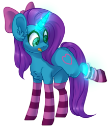 Size: 1205x1385 | Tagged: safe, artist:trickate, oc, oc only, oc:chigs, pony, unicorn, bow, chest fluff, clothes, commission, female, hair bow, heart eyes, mare, simple background, socks, solo, stockings, striped socks, thigh highs, tongue out, transparent background, wingding eyes