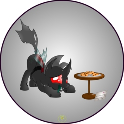 Size: 5000x5000 | Tagged: safe, artist:lakword, oc, oc only, oc:reinflak, changeling, absurd resolution, changeling oc, cookie, cute, food, happy, hungry, red changeling, resist, simple background, solo, transparent background