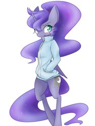 Size: 1200x1600 | Tagged: safe, artist:azurepicker, princess luna, semi-anthro, g4, bipedal, blushing, bottomless, clothes, female, jacket, mare, partial nudity, simple background, solo, standing