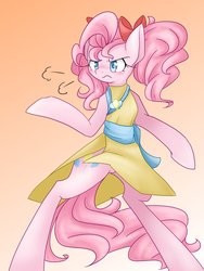Size: 1200x1600 | Tagged: safe, artist:azurepicker, pinkie pie, earth pony, semi-anthro, g4, bipedal, clothes, dress, female, gradient background, solo, standing