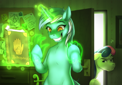 Size: 2580x1800 | Tagged: safe, artist:mykegreywolf, bon bon, lyra heartstrings, sweetie drops, earth pony, pony, unicorn, semi-anthro, fanfic:anthropology, g4, bon bon is not amused, book, conspiracy lyra, crazy face, door, faic, female, glowing horn, gravity falls, green magic, grin, hand, horn, insanity, lyre, magic, magic hands, male, mare, meme, peeking, pentagram, smiling, spellbook, that pony sure does love hands, that pony sure does love humans, unamused