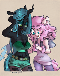 Size: 1201x1500 | Tagged: safe, artist:atane27, artist:trgreta, queen chrysalis, oc, oc:fluffle puff, changeling, changeling queen, earth pony, anthro, g4, armpits, breasts, busty queen chrysalis, cellphone, cleavage, clothes, female, phone, shorts