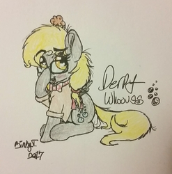 Size: 1830x1849 | Tagged: safe, artist:binkyt11, derpibooru exclusive, derpy hooves, pegasus, pony, derpibooru, alternate hairstyle, blushing, bowtie, clothes, cute, derpabetes, dock, ear fluff, female, food, glasses, hair tie, heart eyes, mare, messy mane, meta, moderator, muffin, sitting, solo, that pony sure does love muffins, traditional art, wingding eyes