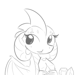 Size: 1650x1650 | Tagged: safe, artist:tjpones, princess ember, dragon, g4, cute, eating, female, gem, grayscale, monochrome, simple background, solo, white background