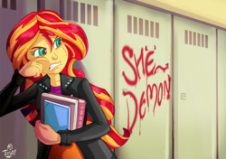 Size: 1017x715 | Tagged: safe, artist:jowyb, sunset shimmer, equestria girls, g4, abuse, angry, anon-a-miss, book, bullying, clothes, commission, crying, female, graffiti, hallway, jacket, leather jacket, lockers, school, shimmerbuse, skirt, solo, this will end in school shooting