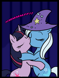 Size: 329x437 | Tagged: safe, artist:madmax, trixie, twilight sparkle, pony, unicorn, g4, cropped, duo, female, kiss on the lips, kissing, lesbian, ship:twixie, shipping