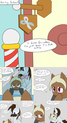 Size: 2400x4400 | Tagged: safe, artist:jake heritagu, oc, oc only, oc:groombsy, oc:sandy hooves, pony, comic:ask motherly scootaloo, barber pole, comb, comic, haircut, mirror, scissors