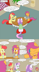 Size: 2400x4400 | Tagged: safe, artist:jake heritagu, apple bloom, scootaloo, sweetie belle, earth pony, pony, comic:ask motherly scootaloo, g4, clothes, comic, hairpin, motherly scootaloo, plant, shake, straw, sweatshirt, table