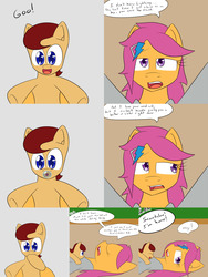 Size: 2400x3200 | Tagged: safe, artist:jake heritagu, scootaloo, oc, oc:lightning blitz, pegasus, pony, comic:ask motherly scootaloo, g4, baby, baby pony, colt, comic, duo, female, hairpin, high res, holding a pony, male, mother and son, motherly scootaloo, offscreen character, offspring, older, older scootaloo, pacifier, parent:rain catcher, parent:scootaloo, parents:catcherloo, speech bubble, sweatshirt
