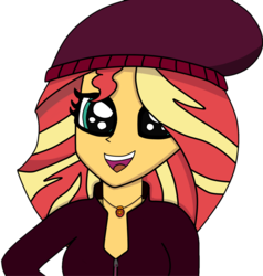 Size: 1302x1370 | Tagged: safe, artist:somedrawer, sunset shimmer, equestria girls, g4, beanie, clothes, female, hat, simple background, solo