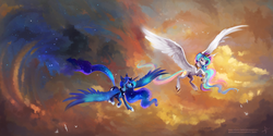 Size: 3464x1732 | Tagged: safe, artist:wilvarin-liadon, princess celestia, princess luna, alicorn, pony, g4, crown, duo, ethereal mane, female, flying, jewelry, large wings, lidded eyes, looking at you, mare, regalia, royal sisters, scenery, sisters, spread wings, starry mane, wings
