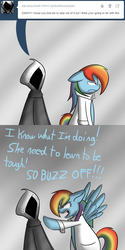 Size: 1024x2048 | Tagged: safe, artist:mikeythefox, rainbow dash, pegasus, pony, ask factory scootaloo, ask rainbow factory dash, fanfic:rainbow factory, g4, clothes, comic, grim reaper, lab coat, rainbow factory dash