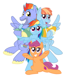 Size: 1850x2066 | Tagged: safe, artist:crazynutbob, bow hothoof, rainbow dash, scootaloo, windy whistles, pony, g4, chest fluff, family, female, honorary sister, rainbow dash's parents, simple background, transparent background