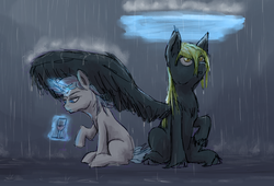 Size: 1244x844 | Tagged: safe, artist:patty-plmh, oc, oc only, hybrid, pegasus, pony, fanfic, fanfic art, gay, male, parent:fancypants, parent:fleur-de-lis, rain, sitting, story included