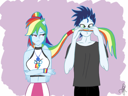 Size: 1024x768 | Tagged: safe, artist:ilaria122, rainbow dash, soarin', equestria girls, g4, annoyed, crossed arms, duo, facial hair, female, geode, geode of super speed, goofy, magical geodes, male, midriff, moustache, ponied up, ponytail, ship:soarindash, shipping, silly, simple background, straight, wristband