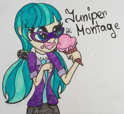 Size: 2336x2149 | Tagged: safe, artist:mlpshimmysunshine123, juniper montage, equestria girls, equestria girls specials, g4, cute, female, food, glasses, high res, ice cream, junibetes, solo, traditional art