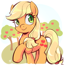 Size: 500x510 | Tagged: safe, artist:milkayart, applejack, earth pony, pony, g4, apple tree, cute, female, hatless, heart eyes, jackabetes, looking away, mare, missing accessory, solo, tree, wingding eyes