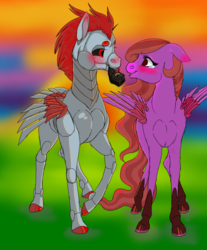 Size: 553x669 | Tagged: safe, artist:mlplover1987, oc, oc only, oc:di red, oc:kasuna insanity, pegasus, pony, robot, blushing, crying, disuna, engagement ring, eyeliner, female, makeup, male, marriage proposal, mouth hold, oc x oc, shipping, straight, sunset, tears of joy