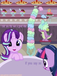 Size: 1024x1354 | Tagged: safe, artist:emmanuelaotu, spike, starlight glimmer, twilight sparkle, dragon, pony, unicorn, g4, abuse, dialogue, dropped ice cream, food, ice cream, magic, spikeabuse, telekinesis