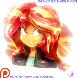 Size: 776x786 | Tagged: safe, artist:manic-the-lad, sunset shimmer, equestria girls, g4, a dash of everything, abstract background, bust, female, painting, patreon, patreon logo, portrait, smiling, solo