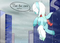 Size: 2800x2000 | Tagged: safe, artist:cloudy95, oc, oc only, oc:snowfall, pegasus, pony, building, city, clothes, female, flying, high res, mare, scarf, snow, solo, winter