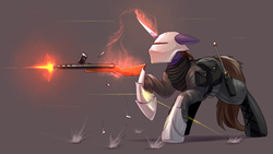 Size: 1920x1080 | Tagged: safe, artist:underpable, oc, oc only, pony, unicorn, armor, clothes, commission, gun, helmet, magic, male, mp-18, simple background, solo, stallion, weapon