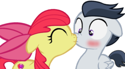 Size: 896x496 | Tagged: safe, artist:nejcrozi, apple bloom, rumble, earth pony, pegasus, pony, g4, apple bloom's bow, blushing, bow, colt, cute, eyes closed, female, filly, floppy ears, hair bow, kiss on the lips, kissing, male, rumbloom, shipping, shrunken pupils, simple background, straight, wide eyes