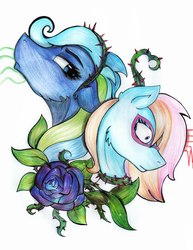 Size: 832x1080 | Tagged: safe, artist:deadskyfall, oc, oc only, oc:eve scintilla, oc:neurora logia, pony, blue rose, bust, flower, glasses, portrait, rose