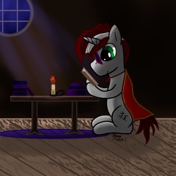 Size: 984x984 | Tagged: safe, artist:bleuey, oc, oc only, pony, unicorn, book, candle, cape, clothes, glasses, male, reading, sitting, solo, stallion, table