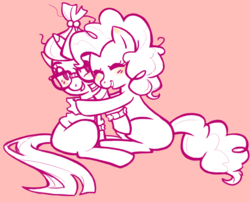 Size: 678x549 | Tagged: artist needed, safe, moondancer, pinkie pie, earth pony, pony, unicorn, g4, 4chan, clothes, drawthread, eyes closed, female, glasses, hug, mare, monochrome, sitting, smiling, sweater