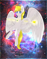 Size: 1900x2400 | Tagged: safe, artist:tigra0118, oc, oc only, pegasus, pony, colored pupils, halo, jewelry, looking at you, male, necklace, scepter, smiling, solo, space, stallion, twilight scepter