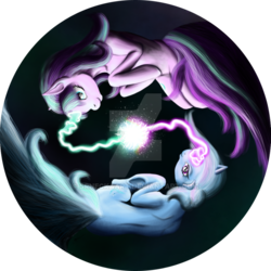 Size: 800x800 | Tagged: safe, artist:srneckaart, starlight glimmer, trixie, pony, unicorn, g4, duo, female, magic, mare, simple background, transparent background, watermark